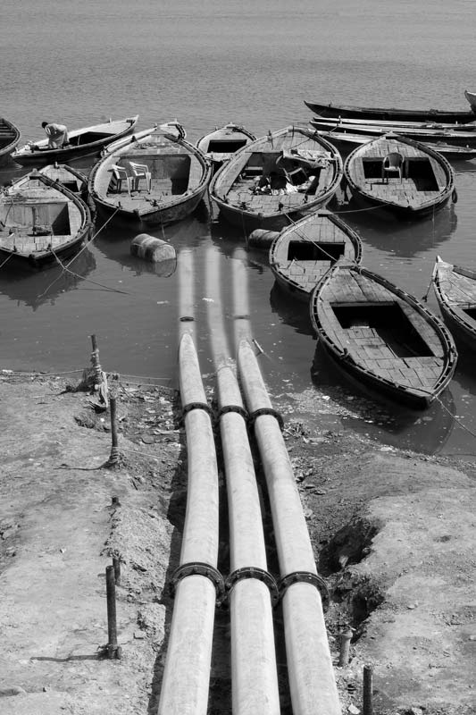 Pipes carrying untreated sewage into river Ganga at Varanasi, Uttar Pradesh